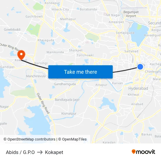 Abids / G.P.O to Kokapet map