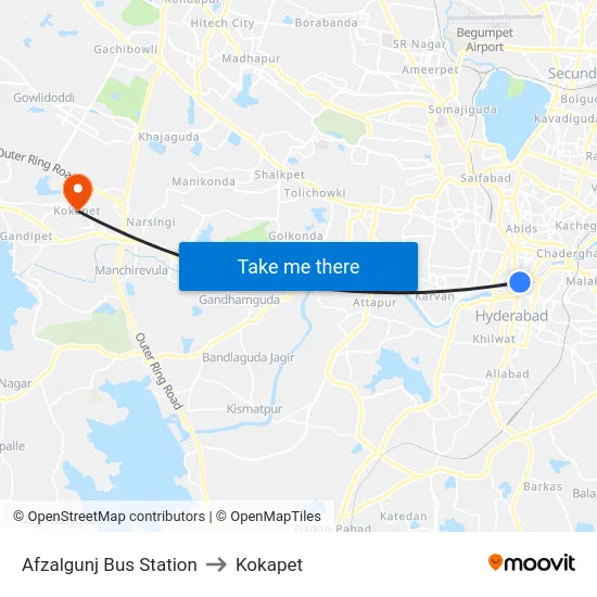 Afzalgunj Bus Station to Kokapet map