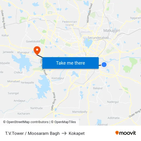 T.V.Tower / Moosaram Bagh to Kokapet map