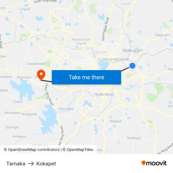 Tarnaka to Kokapet map