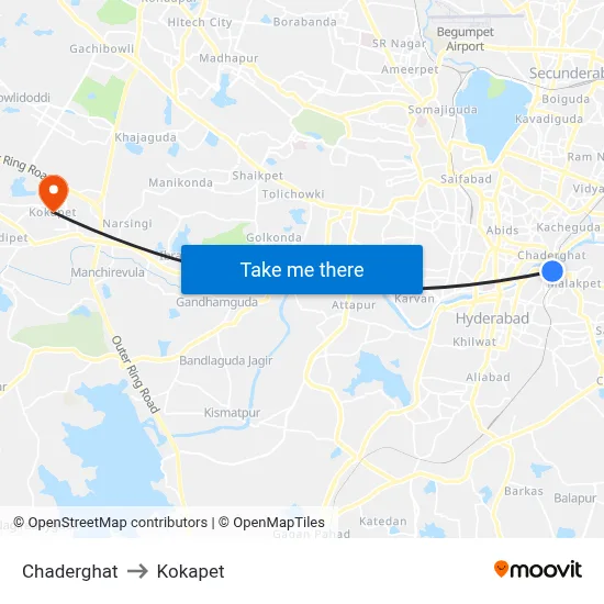 Chaderghat to Kokapet map