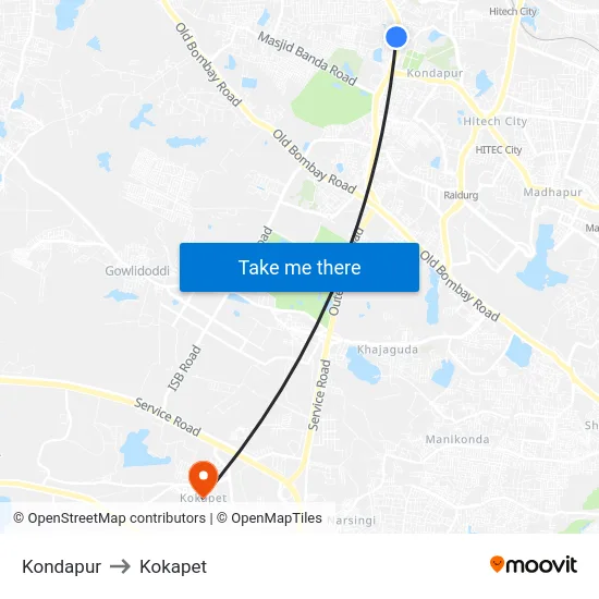 Kondapur to Kokapet map