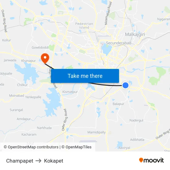 Champapet to Kokapet map