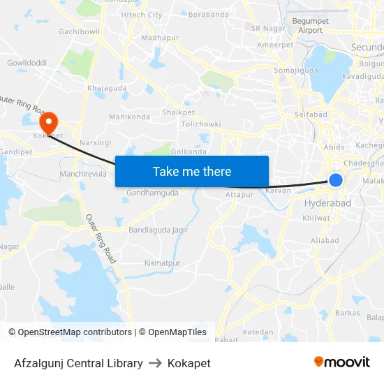 Afzalgunj Central Library to Kokapet map