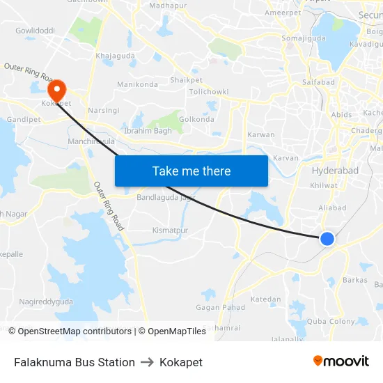 Falaknuma Bus Station to Kokapet map