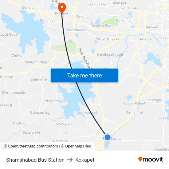 Shamshabad Bus Station to Kokapet map