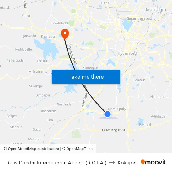 Rajiv Gandhi International Airport (R.G.I.A.) to Kokapet map