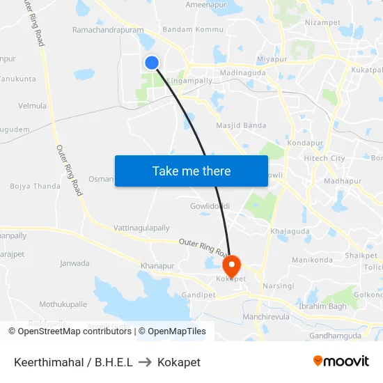 Keerthimahal / B.H.E.L to Kokapet map