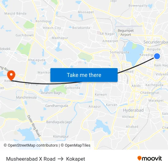Musheerabad X Road to Kokapet map