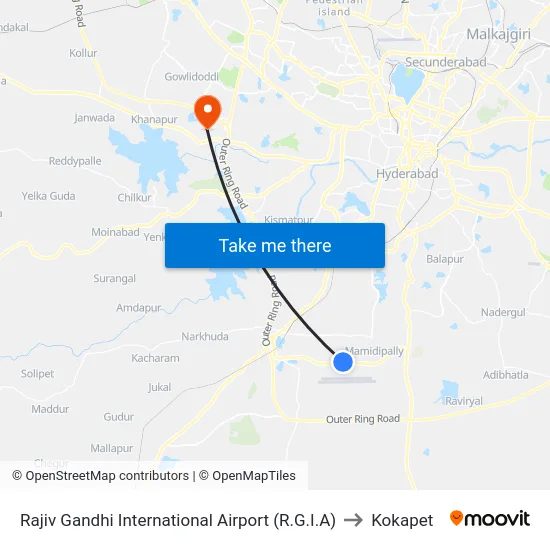 Rajiv Gandhi International Airport (R.G.I.A) to Kokapet map