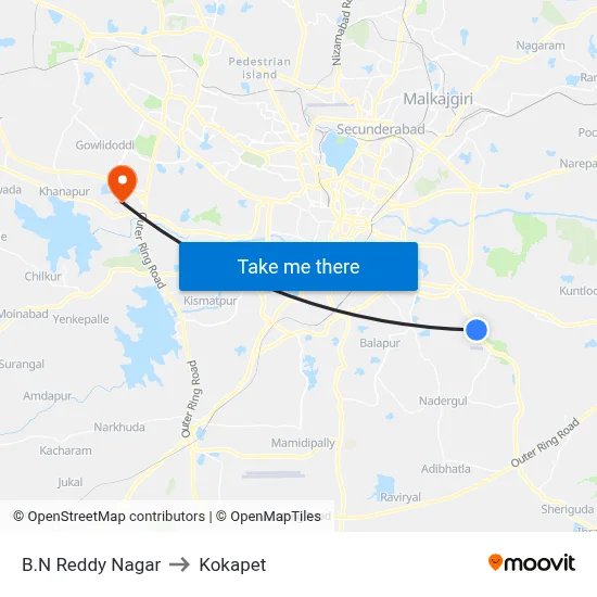 B.N Reddy Nagar to Kokapet map