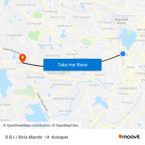 R.B.I / Birla Mandir to Kokapet map