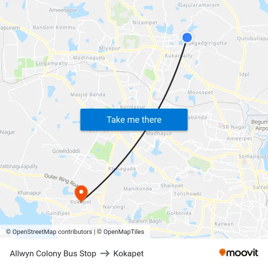Allwyn Colony Bus Stop to Kokapet map