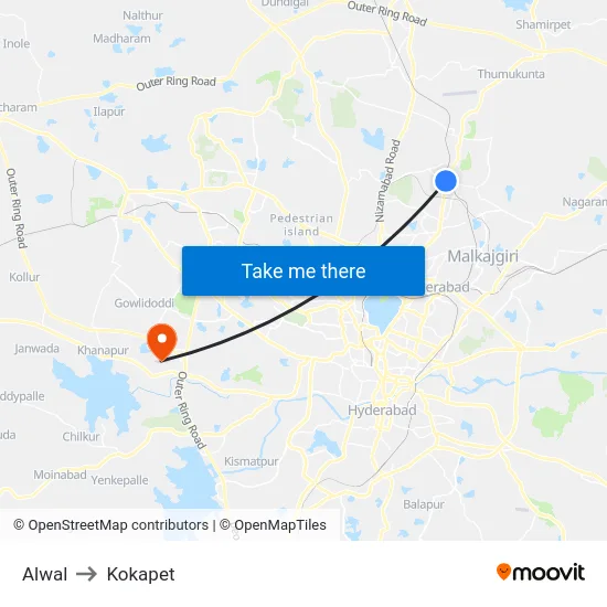 Alwal to Kokapet map