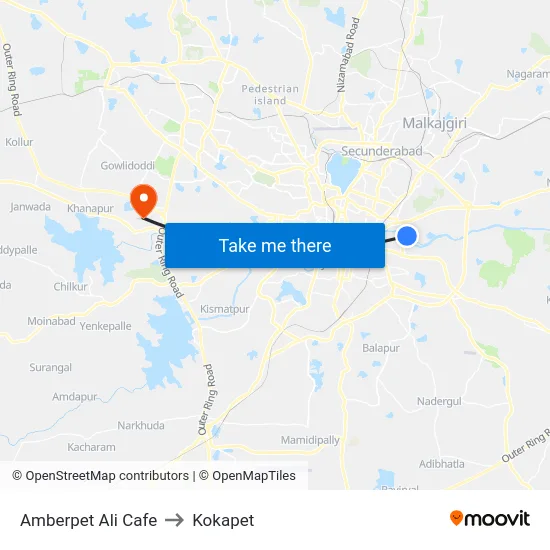 Amberpet Ali Cafe to Kokapet map