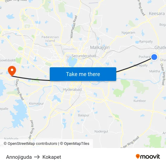 Annojiguda to Kokapet map
