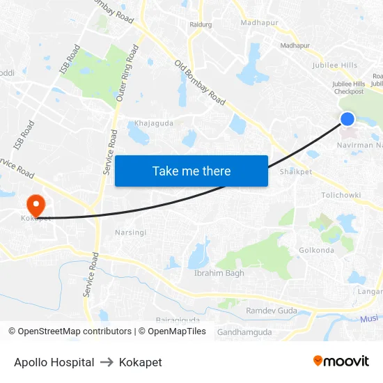 Apollo Hospital to Kokapet map