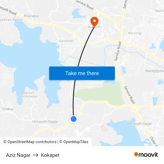 Aziz Nagar to Kokapet map