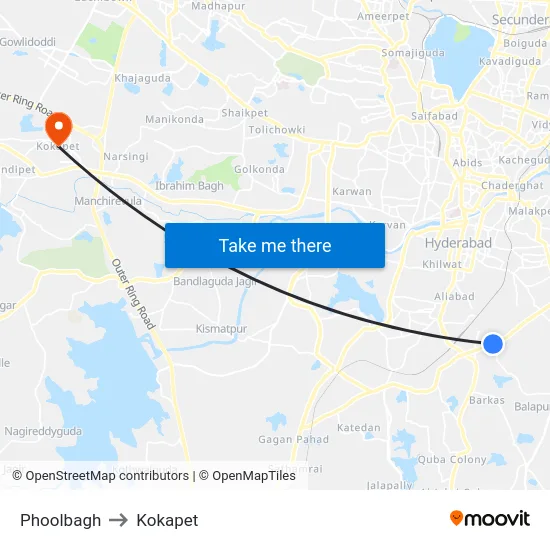 Phoolbagh to Kokapet map