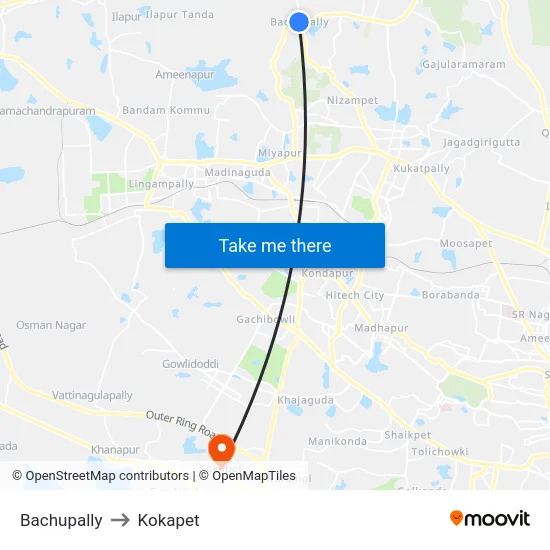 Bachupally to Kokapet map