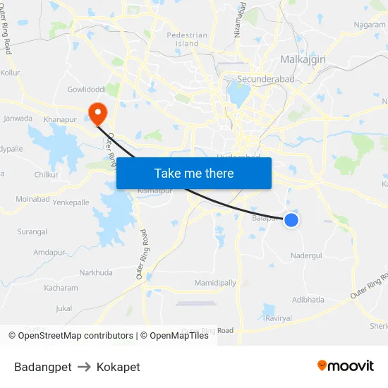 Badangpet to Kokapet map