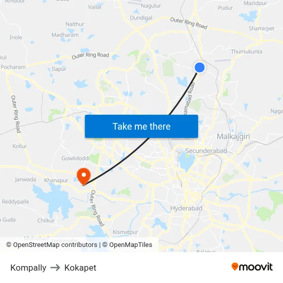 Kompally to Kokapet map