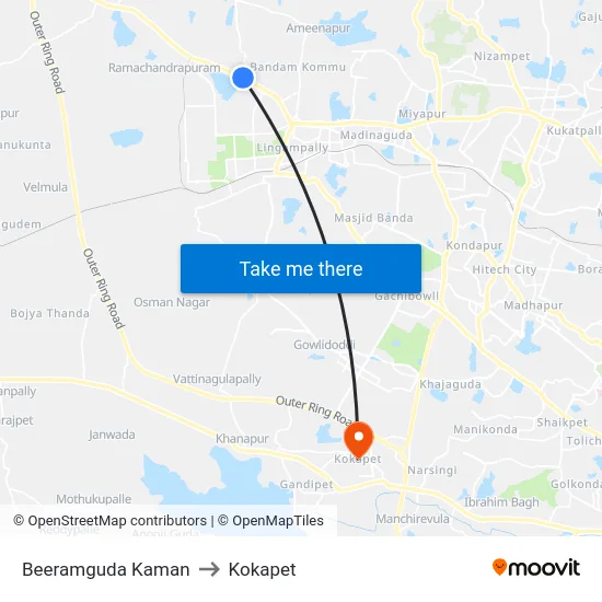 Beeramguda Kaman to Kokapet map