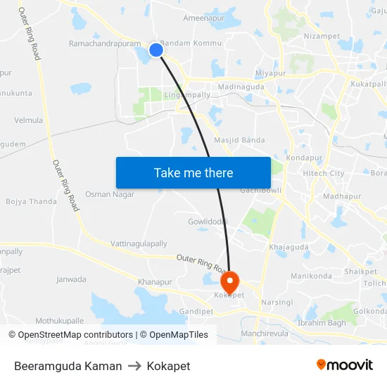 Beeramguda Kaman to Kokapet map