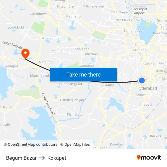 Begum Bazar to Kokapet map