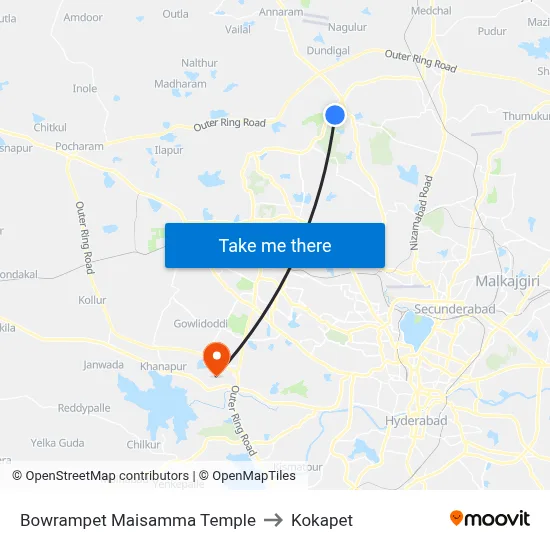 Bowrampet Maisamma Temple to Kokapet map