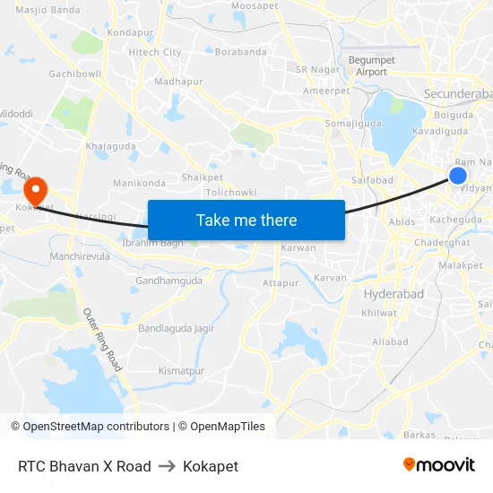 RTC Bhavan X Road to Kokapet map