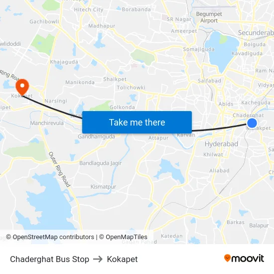 Chaderghat Bus Stop to Kokapet map