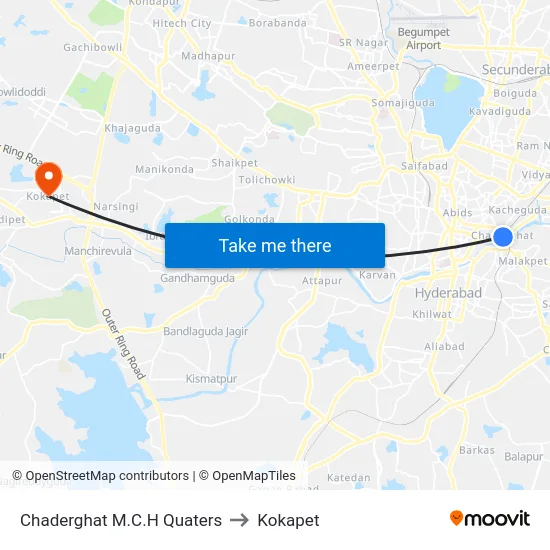 Chaderghat M.C.H Quaters to Kokapet map