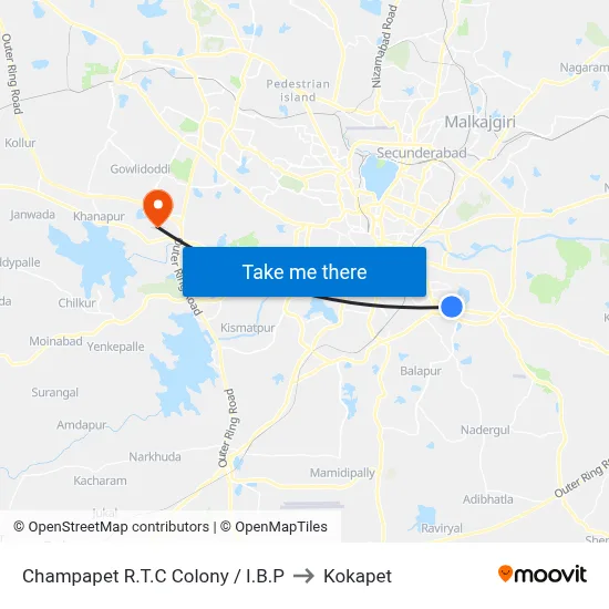 Champapet R.T.C Colony / I.B.P to Kokapet map