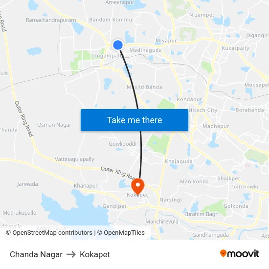 Chanda Nagar to Kokapet map