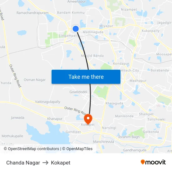 Chanda Nagar to Kokapet map