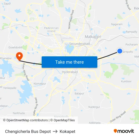 Chengicherla Bus Depot to Kokapet map