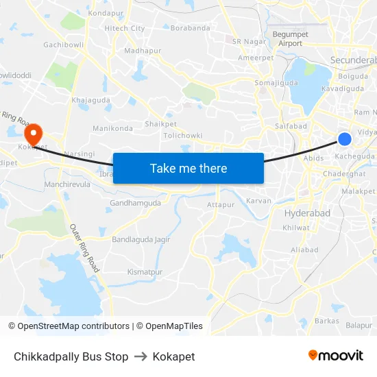 Chikkadpally Bus Stop to Kokapet map