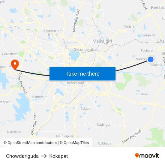 Chowdariguda to Kokapet map