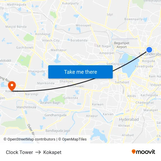 Clock Tower to Kokapet map