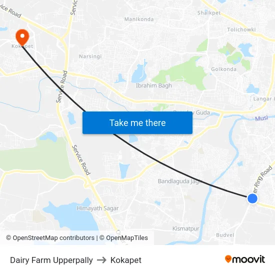 Dairy Farm Upperpally to Kokapet map