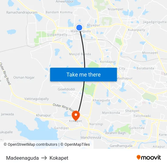 Madeenaguda to Kokapet map