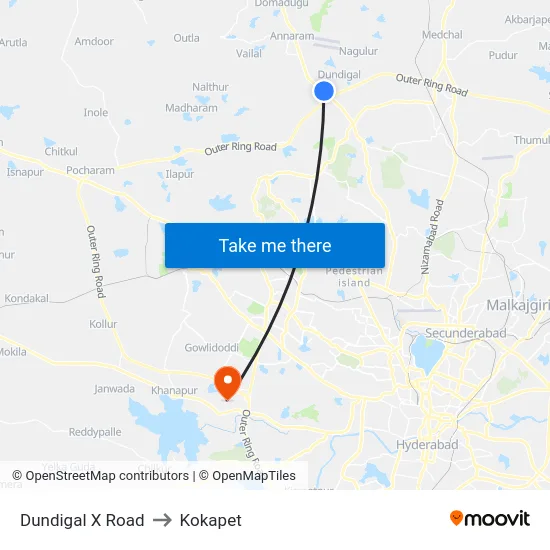 Dundigal X Road to Kokapet map