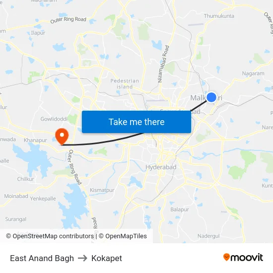 East Anand Bagh to Kokapet map