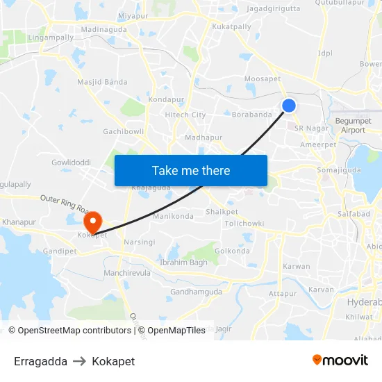 Erragadda to Kokapet map