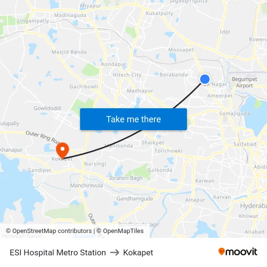 ESI Hospital Metro Station to Kokapet map