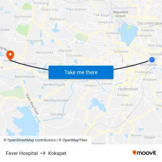 Fever Hospital to Kokapet map