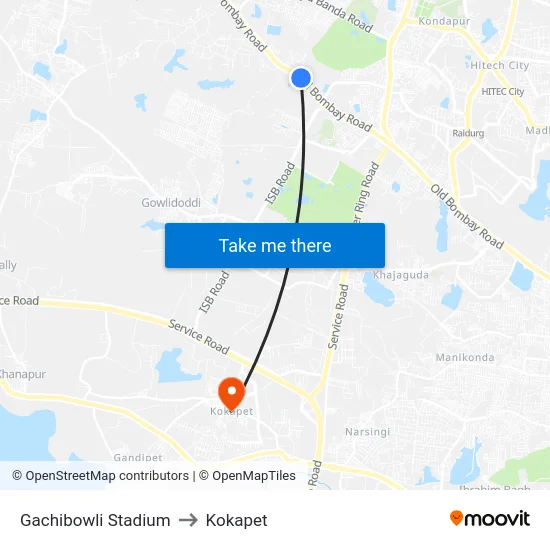 Gachibowli Stadium to Kokapet map