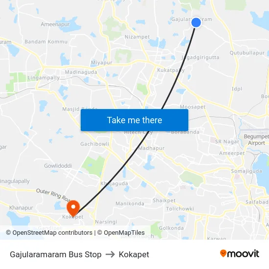 Gajularamaram Bus Stop to Kokapet map