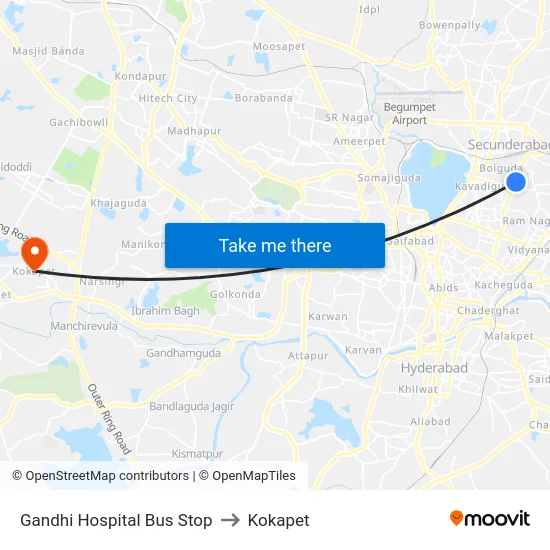 Gandhi Hospital Bus Stop to Kokapet map